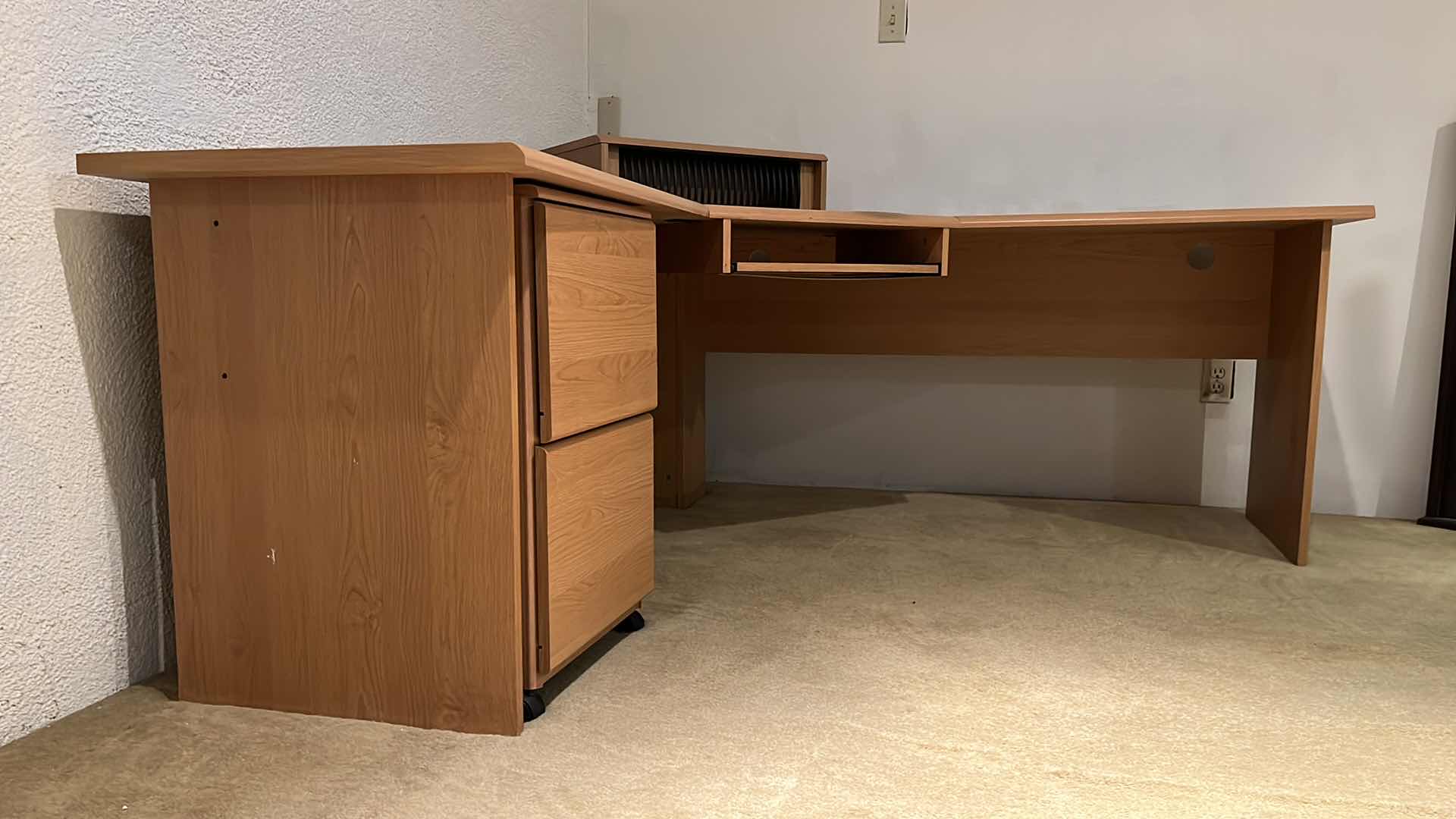Photo 1 of WOOD GRAIN & GRAY TOP LAMINATE FINISH CORNER OFFICE DESK 99” X 70” H28”