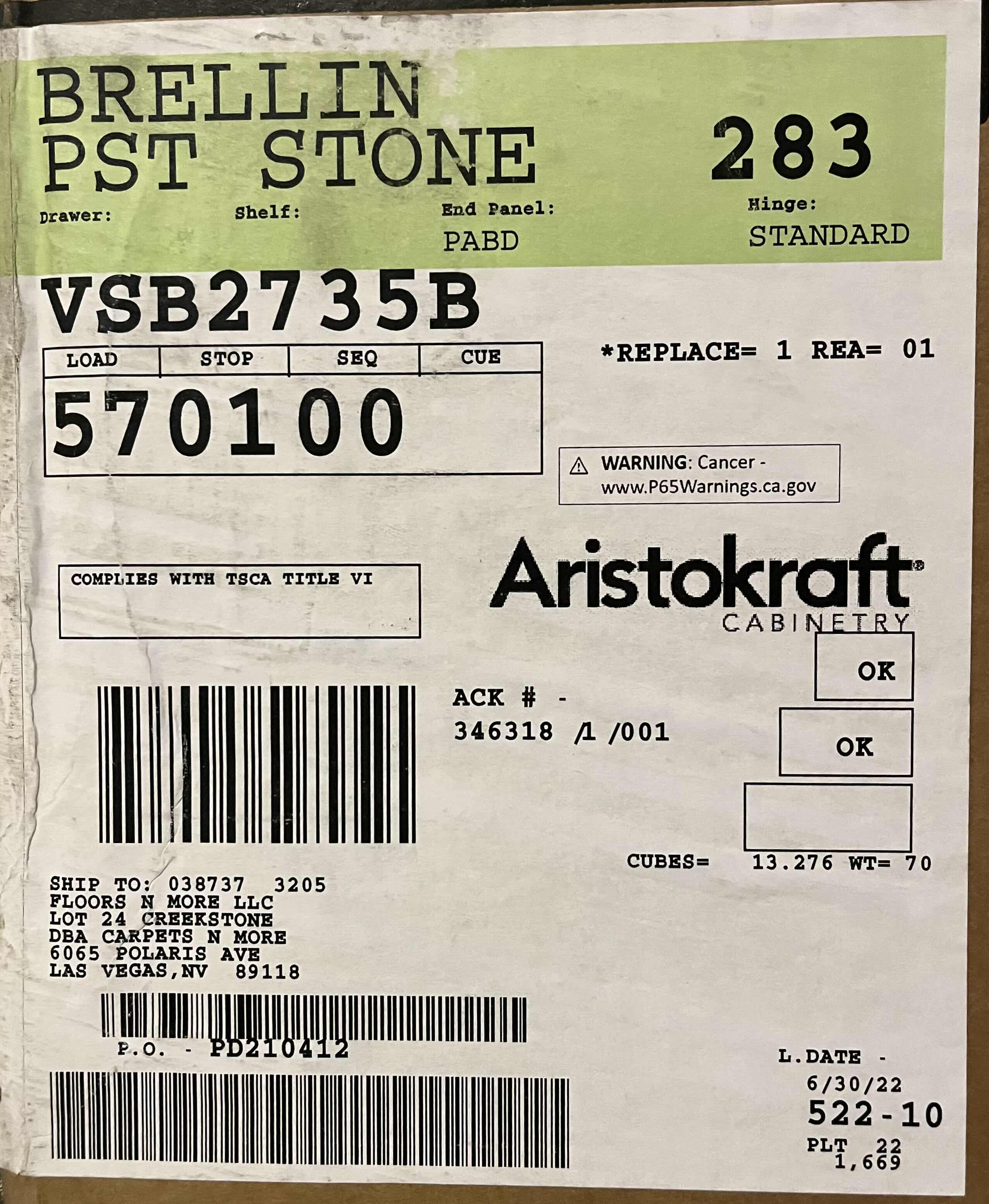 Photo 1 of ARISTOKRAFT CABINETRY BRELLIN STYLE STONE GRAY FINISH PURESTYLE LAMINATE 2 DOOR SINK BASE CABINET VSB2735B 27” X 27” H35” (READ NOTES)
