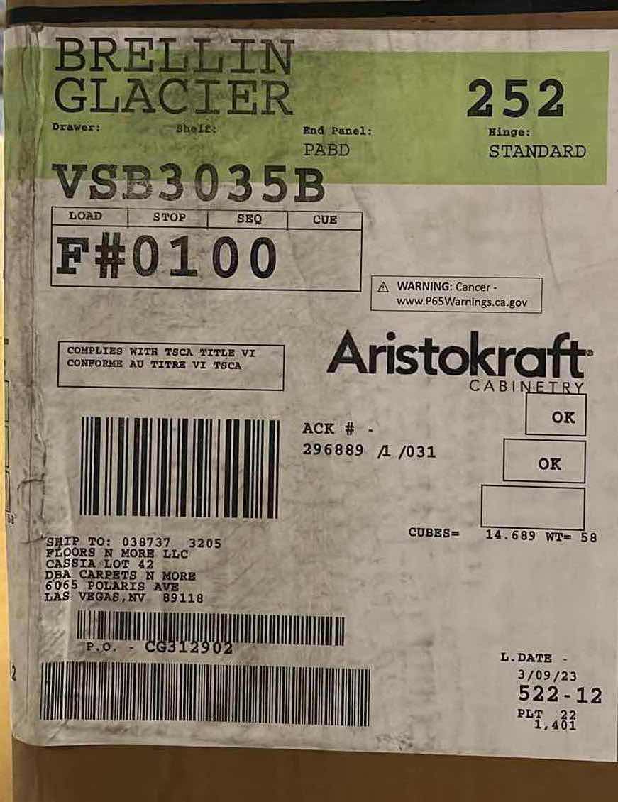 Photo 1 of ARISTOKRAFT CABINETRY BRELLIN STYLE GLACIER FINISH PURESTYLE LAMINATE 2 DOOR SINK BASE CABINET VSB2735B 27” X 27” H35” (READ NOTES)