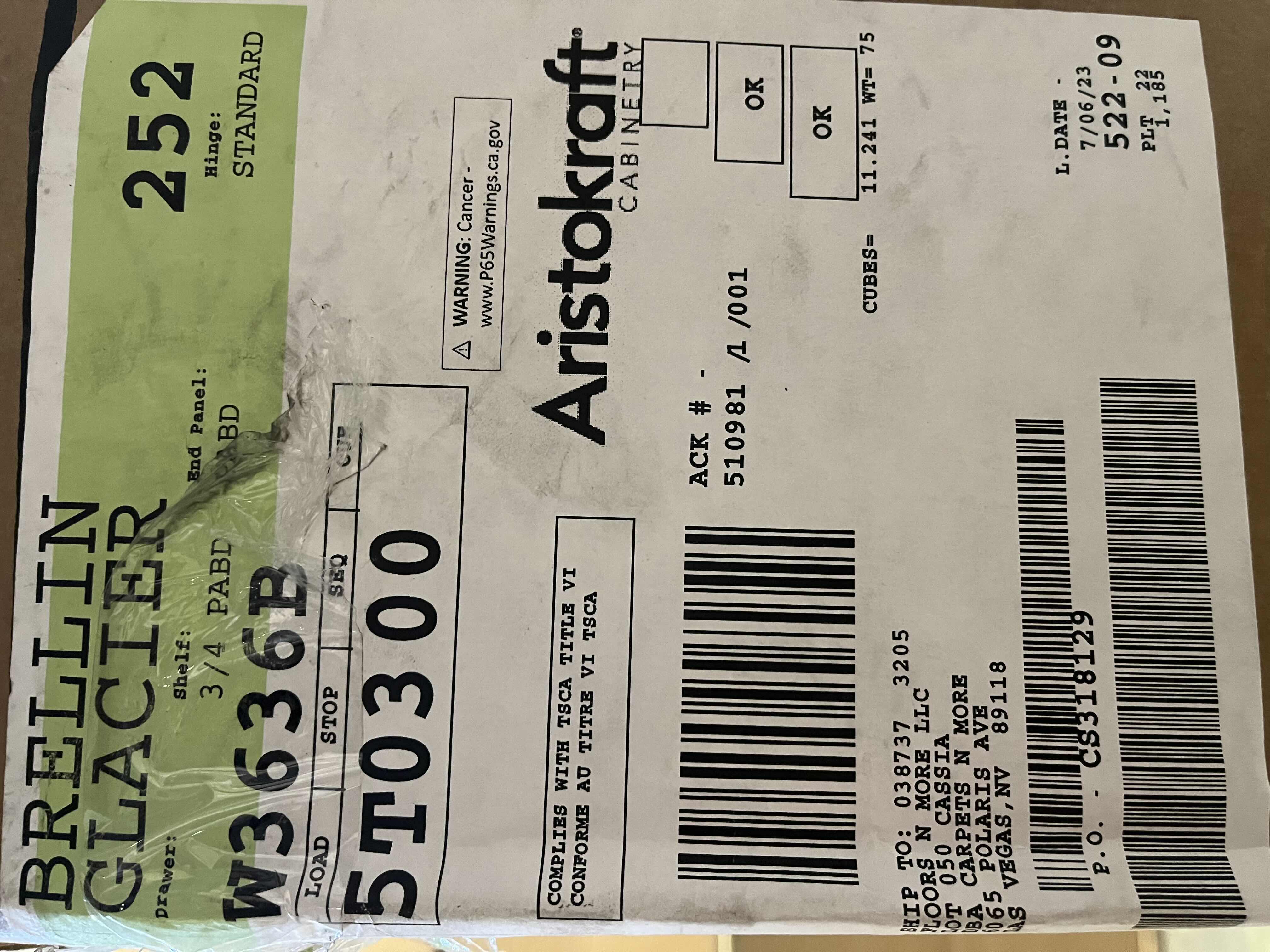 Photo 1 of ARISTOKRAFT CABINETRY BRELLIN STYLE GLACIER FINISH PURESTYLE LAMINATE 2 DOOR WALL CABINET W3636B 36” X 12.75” H36” (READ NOTES)