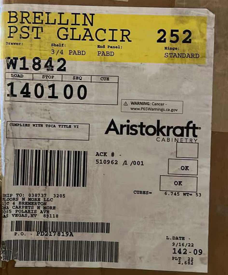 Photo 1 of ARISTOKRAFT CABINETRY BRELLIN STYLE GLACIER FINISH PURESTYLE LAMINATE SINGLE DOOR CABINET W1842 18” X 12.75” H42” (READ NOTES)