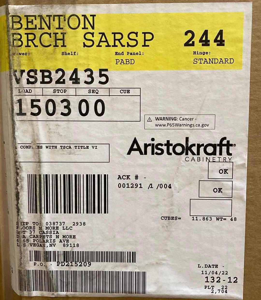 Photo 1 of ARISTOKRAFT CABINETRY BENTON STYLE BIRCH SARSAPARILLA FINISH PURESTYLE LAMINATE 2 DOOR VANITY SINK BASE CABINET VSB2435 24” X 21” H35” (READ NOTES)