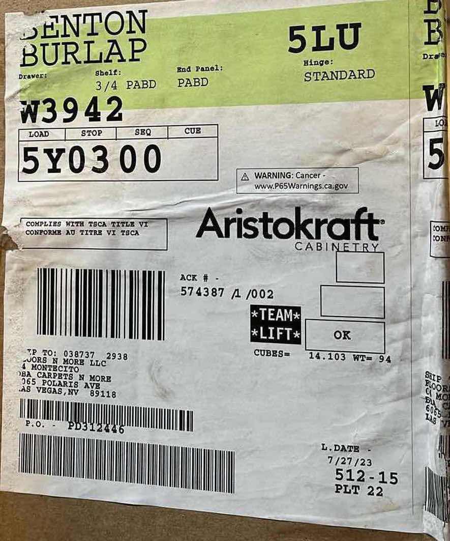 Photo 1 of ARISTOKRAFT CABINETRY BENTON STYLE BURLAP FINISH PURESTYLE LAMINATE 2 DOOR WALL CABINET W3942 39” X 12.75” H42” (READ NOTES)