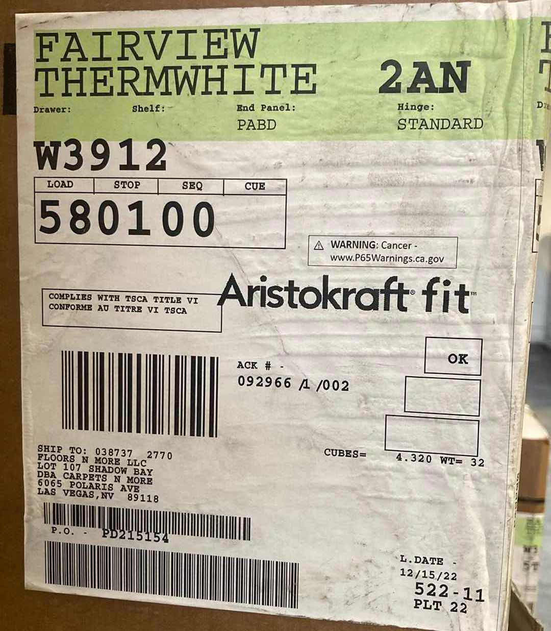 Photo 1 of ARISTOKRAFT CABINETRY FAIRVIEW STYLE THERMWHITE FINISH PURESTYLE LAMINATE 2 DOOR WALL CABINET W3912 39” X 12” H12” (READ NOTES)