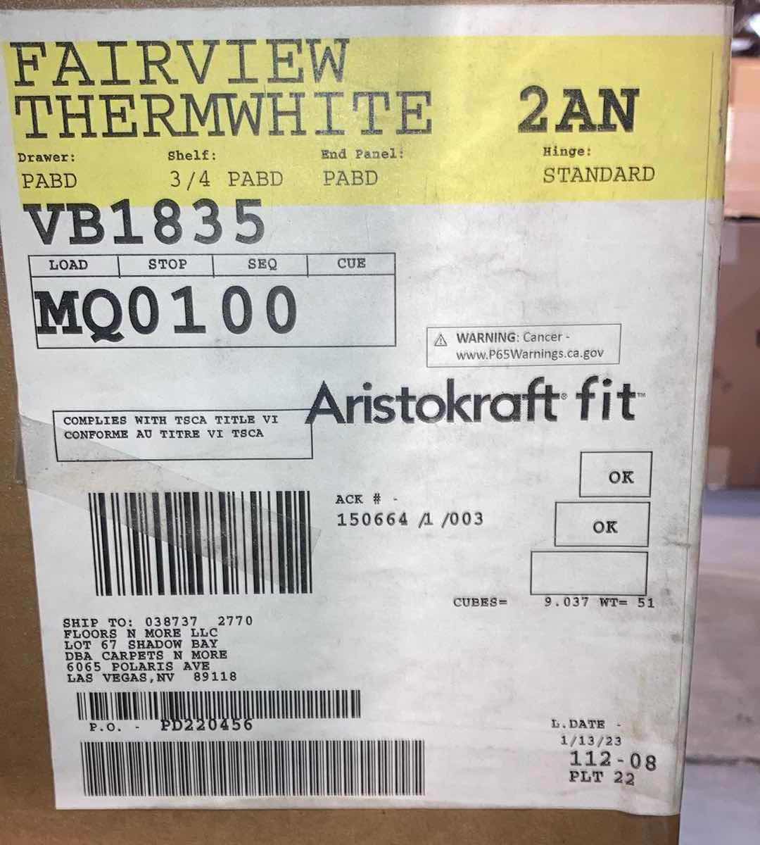 Photo 1 of ARISTOKRAFT CABINETRY FAIRVIEW STYLE THERMWHITE FINISH PURESTYLE LAMINATE 2 DOOR 1 DRAWER BASE CABINET VB1835 18” X 21” H35” (READ NOTES)