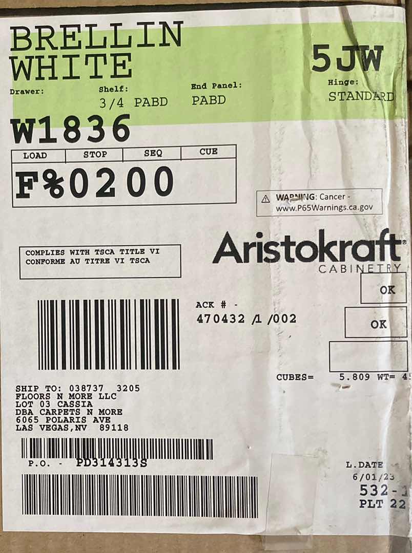 Photo 1 of ARISTOKRAFT CABINETRY BRELLIN STYLE WHITE FINISH PURESTYLE LAMINATE 1 DOOR WALL CABINET W1836 18” X 12” H36 (READ NOTES)