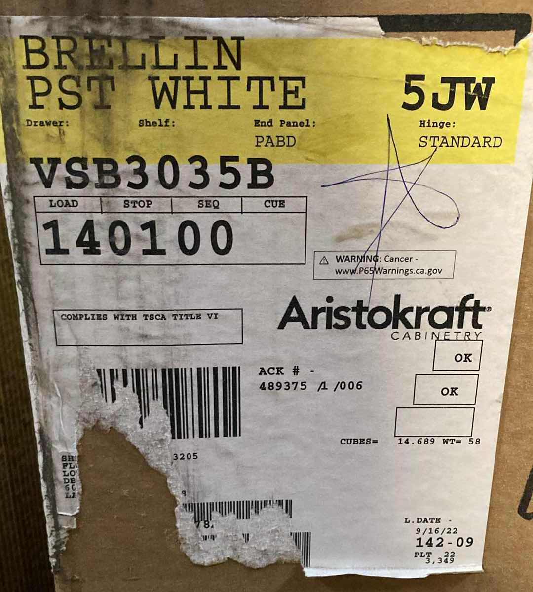 Photo 1 of ARISTOKRAFT CABINETRY BRELLIN STYLE WHITE FINISH PURESTYLE LAMINATE 2 DOOR VANITY SINK BASE CABINET VSB3035B 30” X 21” H35” (READ NOTES)