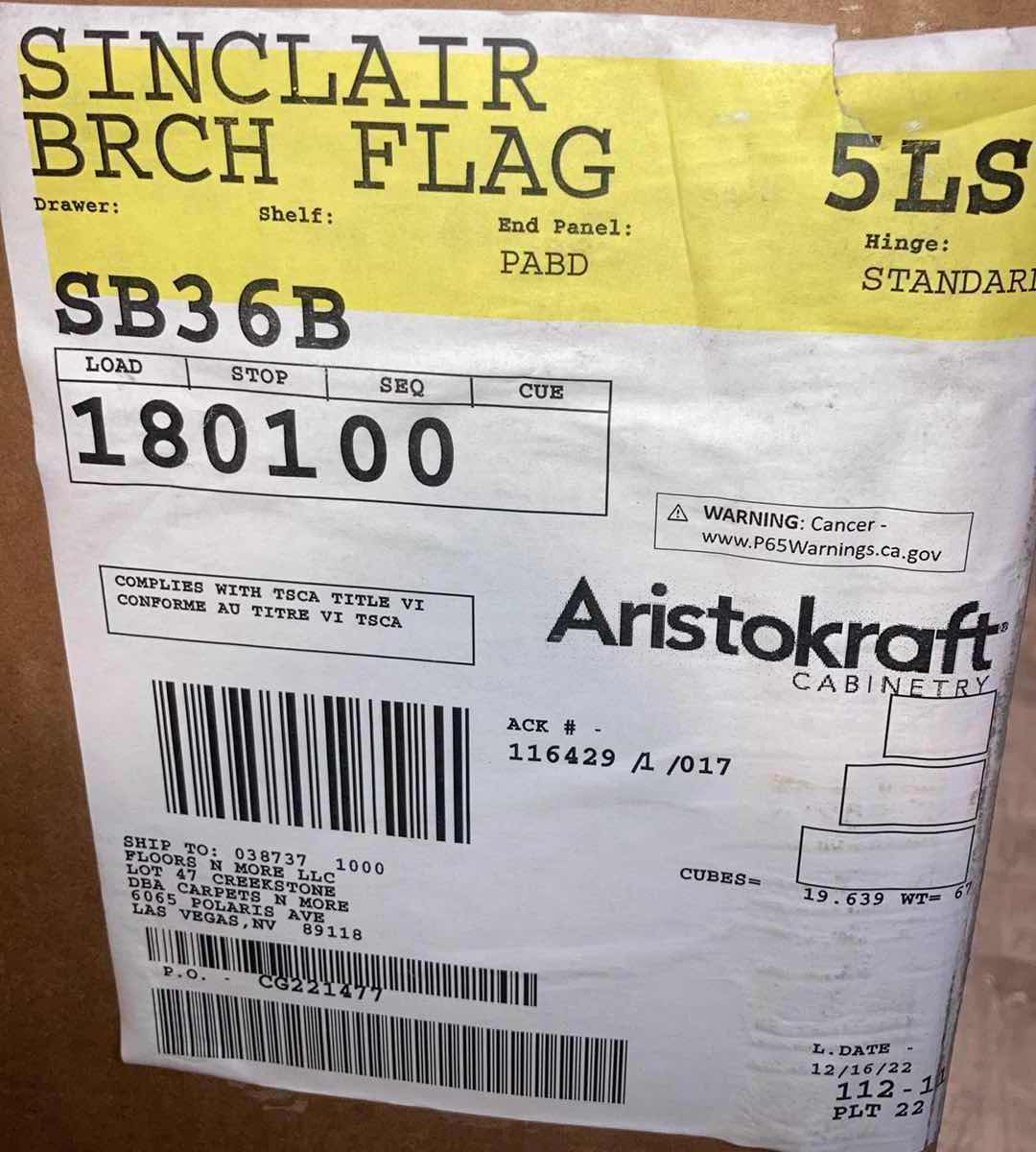 Photo 1 of ARISTOKRAFT CABINETRY SINCLAIR BIRCH STYLE FLAGSTONE FINISH PURESTYLE LAMINATE 2 DOOR SINK BASE CABINET SB36B 36” X 23.75” H35” (READ NOTES)