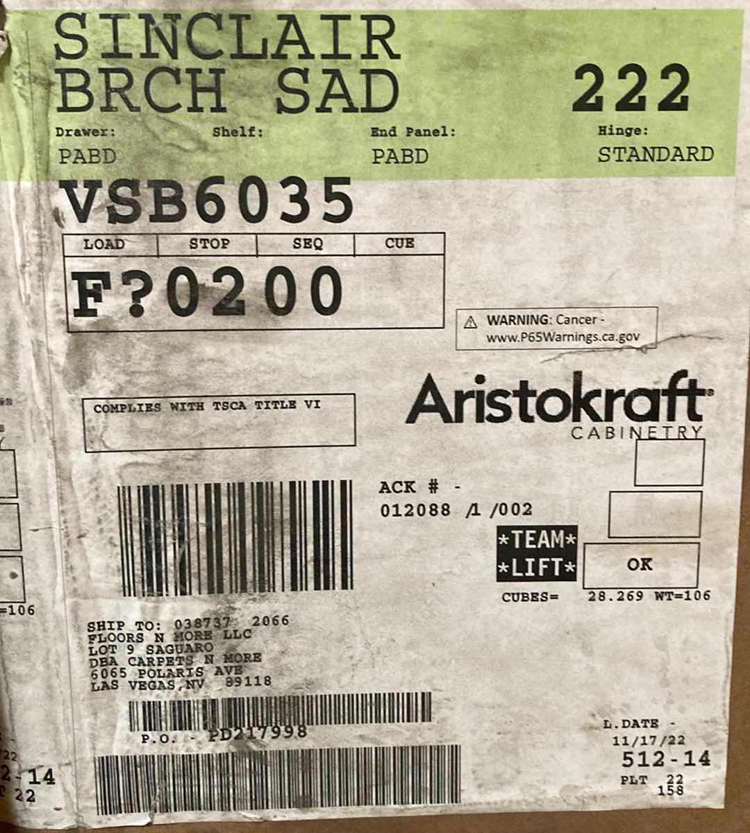 Photo 1 of ARISTOKRAFT CABINETRY SINCLAIR STYLE SADDLE FINISH PURESTYLE LAMINATE 4 DOOR 2 DRAWER VANITY SINK BASE VSB6035 60” X 21” H35” (READ NOTES)