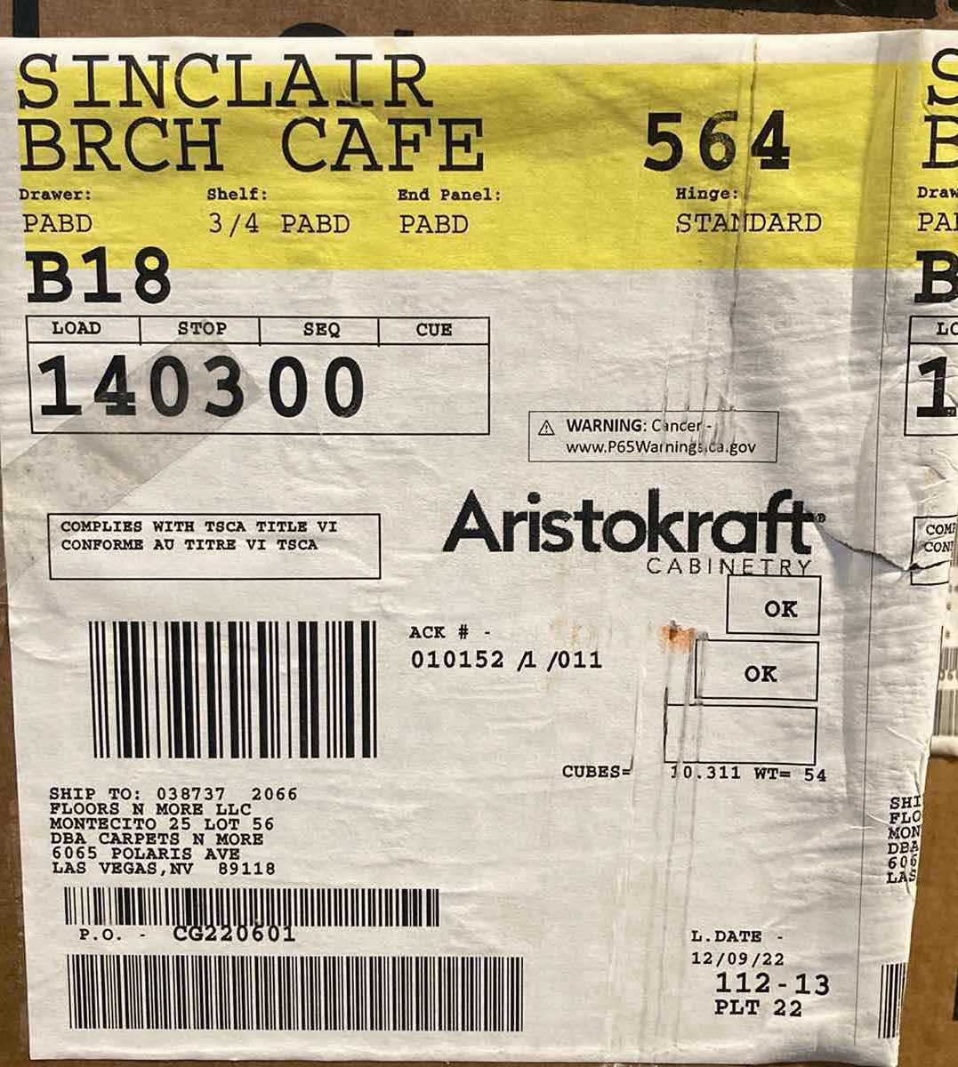 Photo 1 of ARISTOKRAFT CABINETRY SINCLAIR STYLE BIRCH CAFE FINISH PURESTYLE LAMINATE 1 DOOR 1 DRAWER BASE CABINET B18 18” X 23.75” H35” (READ NOTES)