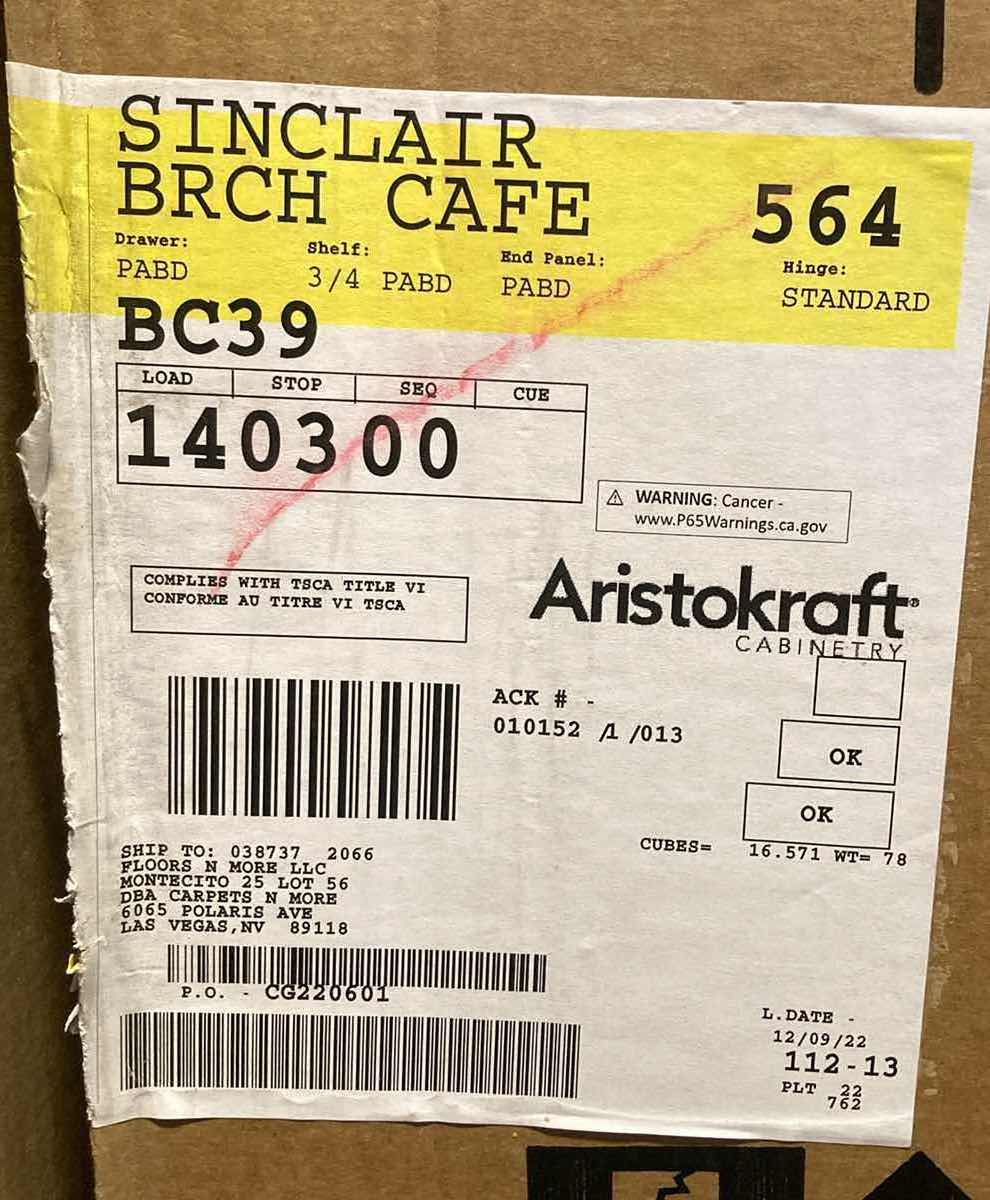 Photo 1 of ARISTOKRAFT CABINETRY SINCLAIR STYLE BIRCH CAFE FINISH PURESTYLE LAMINATE 1 DOOR 1 DRAWER CORNER BASE CABINET BC39 30” X 23.75” H35 (READ NOTES)