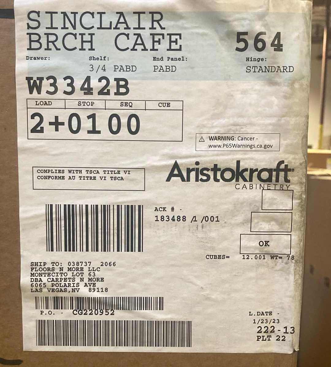 Photo 1 of ARISTOKRAFT CABINETRY SINCLAIR STYLE BIRCH CAFE FINISH PURESTYLE LAMINATE 2 DOOR WALL CABINET W3342B 33” X 12” H42” (READ NOTES)