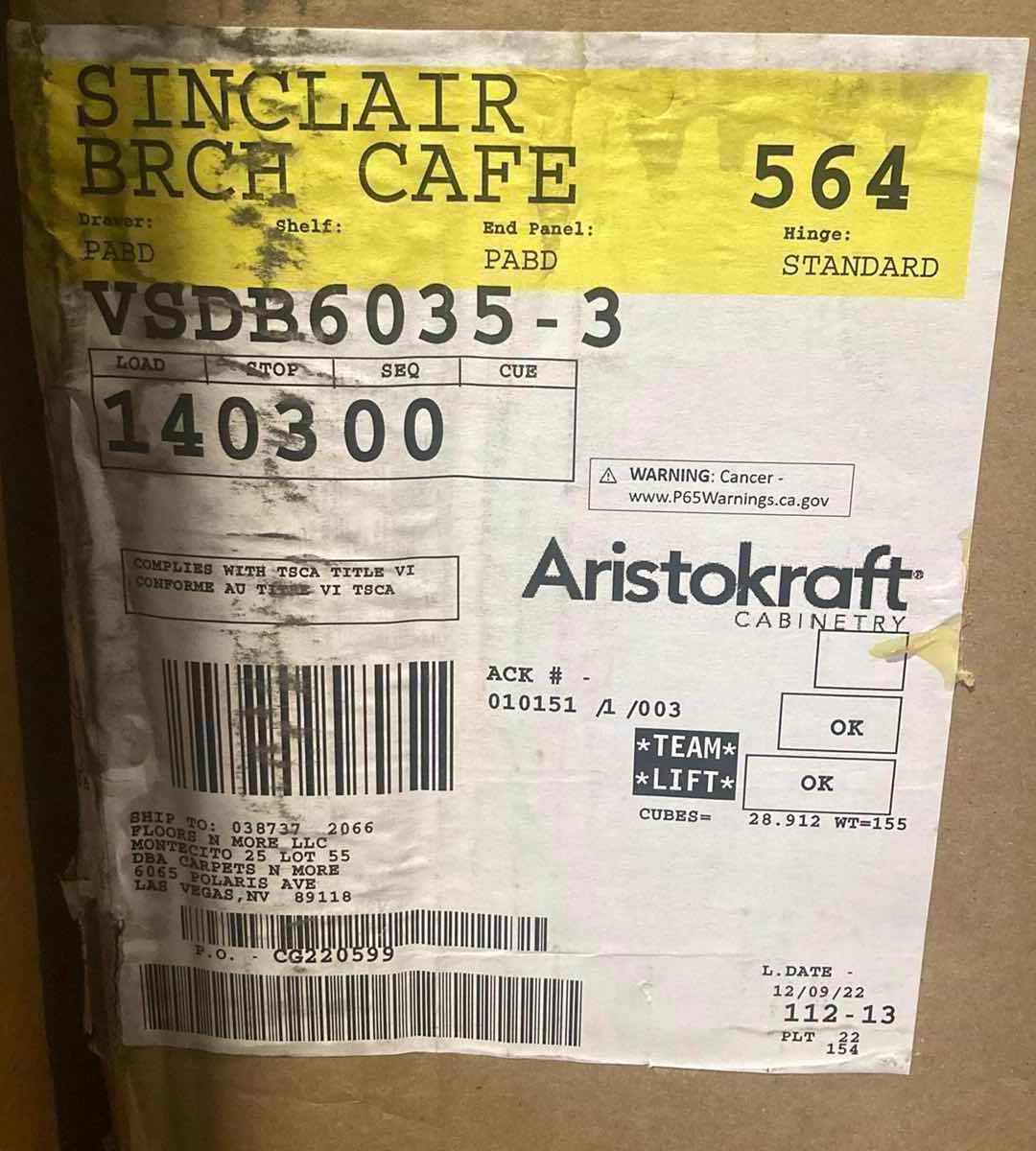 Photo 1 of ARISTOKRAFT CABINETRY SINCLAIR STYLE BIRCH CAFE FINISH PURESTYLE LAMINATE 4 DOOR 3 DRAWER VANITY SINK BASE CABINET VSDB6035-3 60” X 21” H35” (READ NOTES)