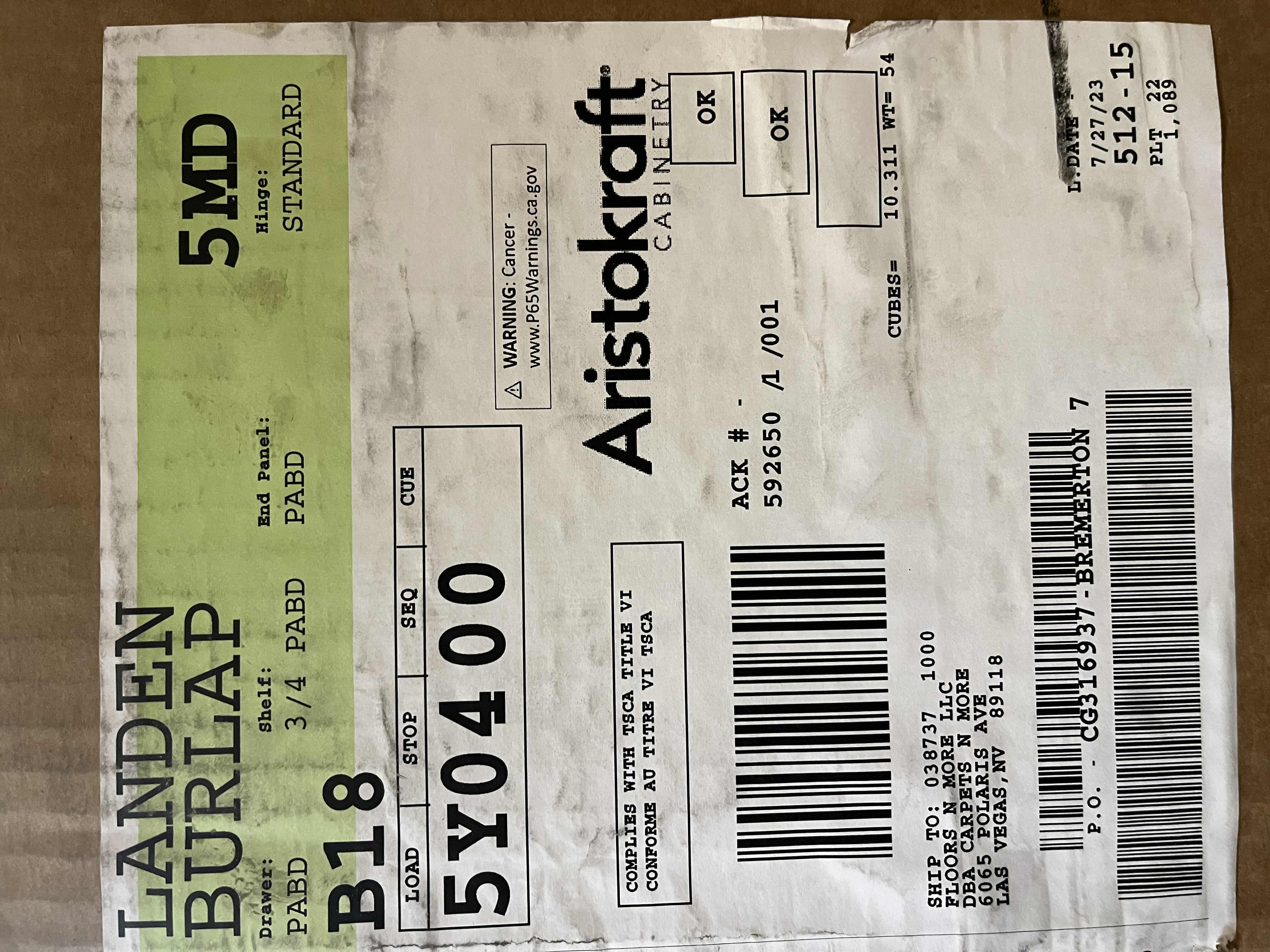 Photo 1 of ARISTOKRAFT CABINETRY LANDEN STYLE BURLAP FINISH PURESTYLE LAMINATE 1 DRAWER 1 DOOR BASE CABINET B18 18” X 23.75” H35” (READ NOTES)