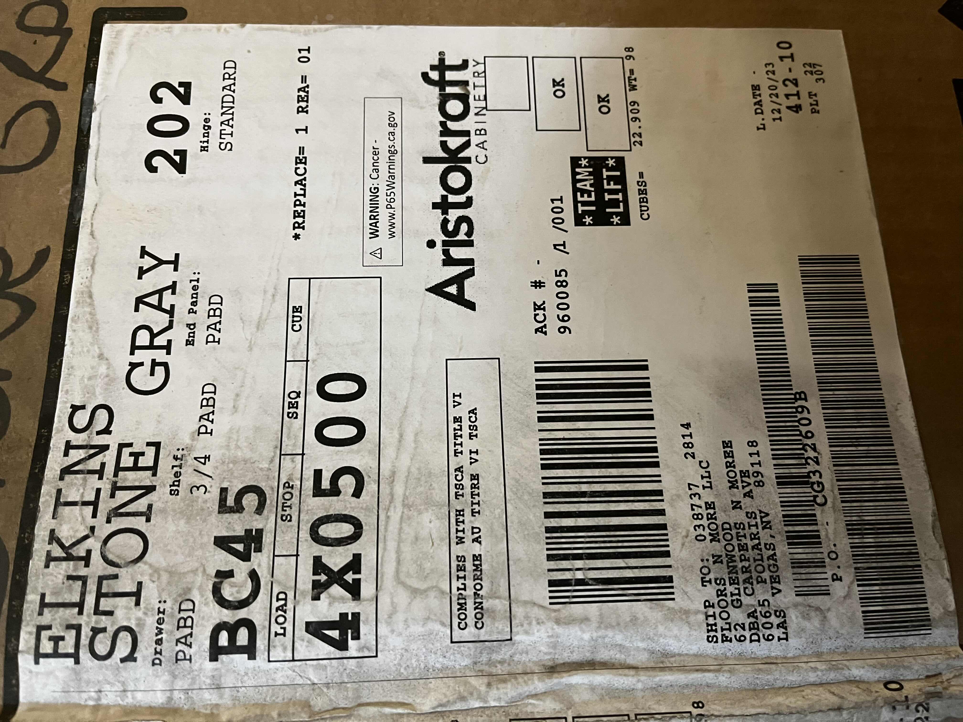 Photo 1 of ARISTOKRAFT CABINETRY ELKINS STYLE STONE GRAY FINISH PURESTYLE LAMINATE 1 DRAWER 1 DOOR BASE CABINET BC45 45” X 23.75” H35” (READ NOTES)