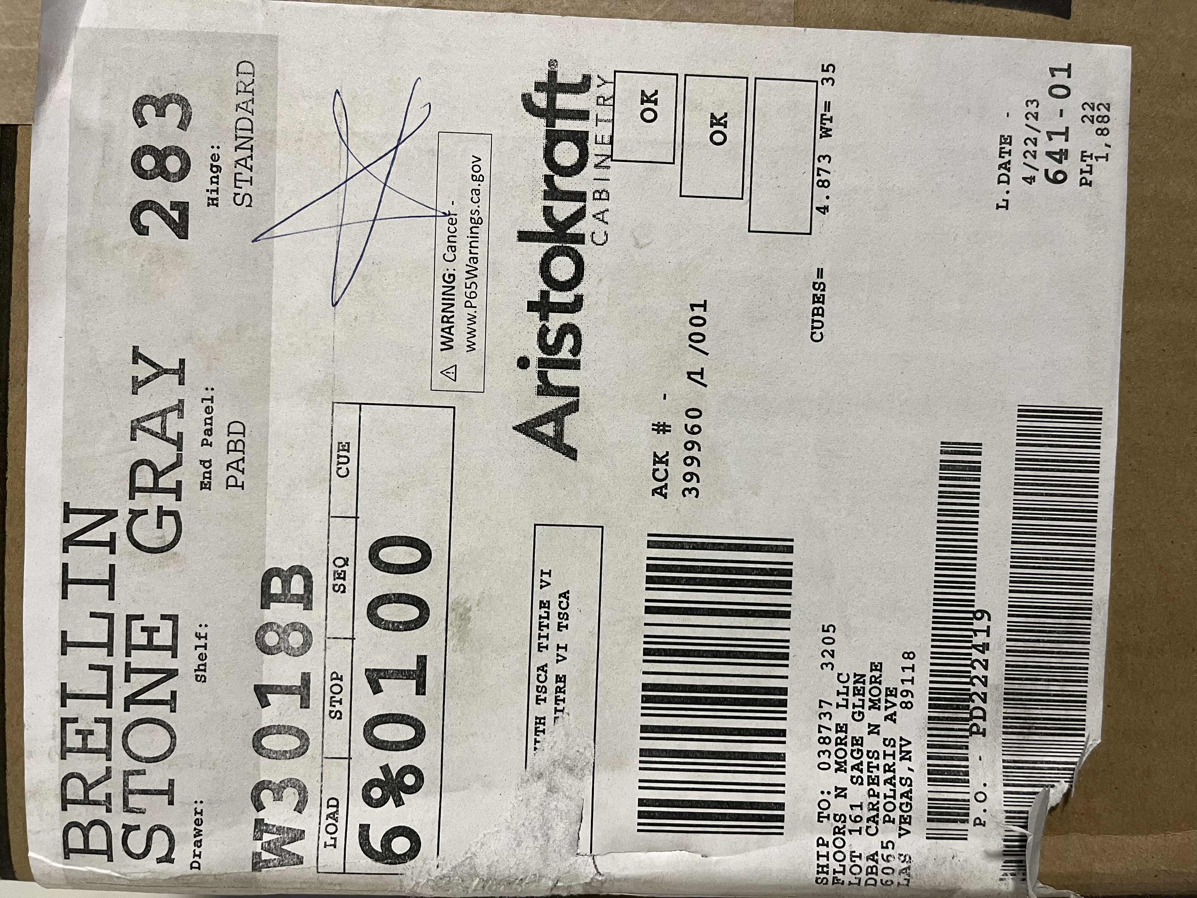 Photo 1 of ARISTOKRAFT CABINETRY BRELLIN STYLE STONE GRAY FINISH PURESTYLE LAMINATE 2 DOOR WALL CABINET W3018B 30” X 12.75” H18” (READ NOTES)