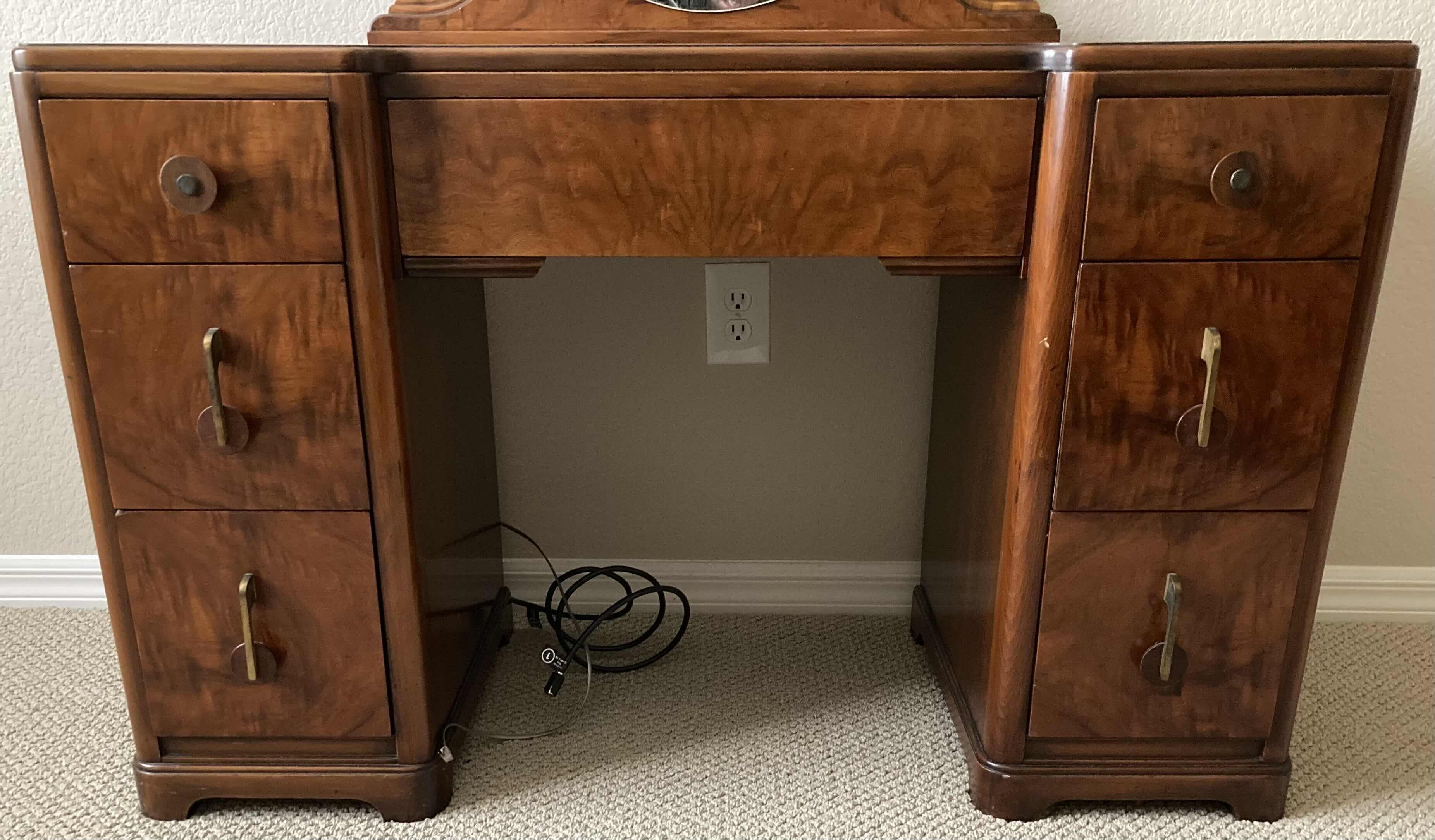 Photo 1 of LANDSTORM 1940s FRENCH BURLED WALNUT 6-DRAWER VANITY W MIRROR 44” X 18” H63”