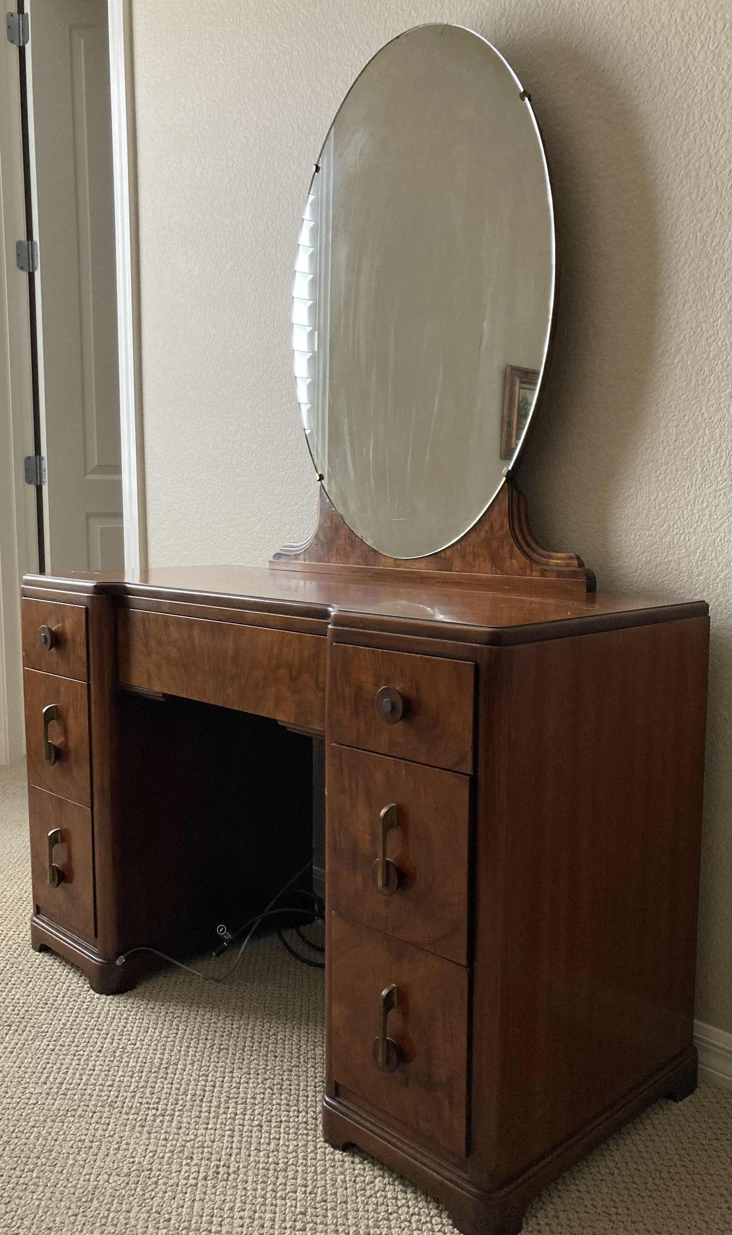 Photo 1 of LANDSTORM 1940s FRENCH BURLED WALNUT 6-DRAWER VANITY W MIRROR 44” X 18” H63”