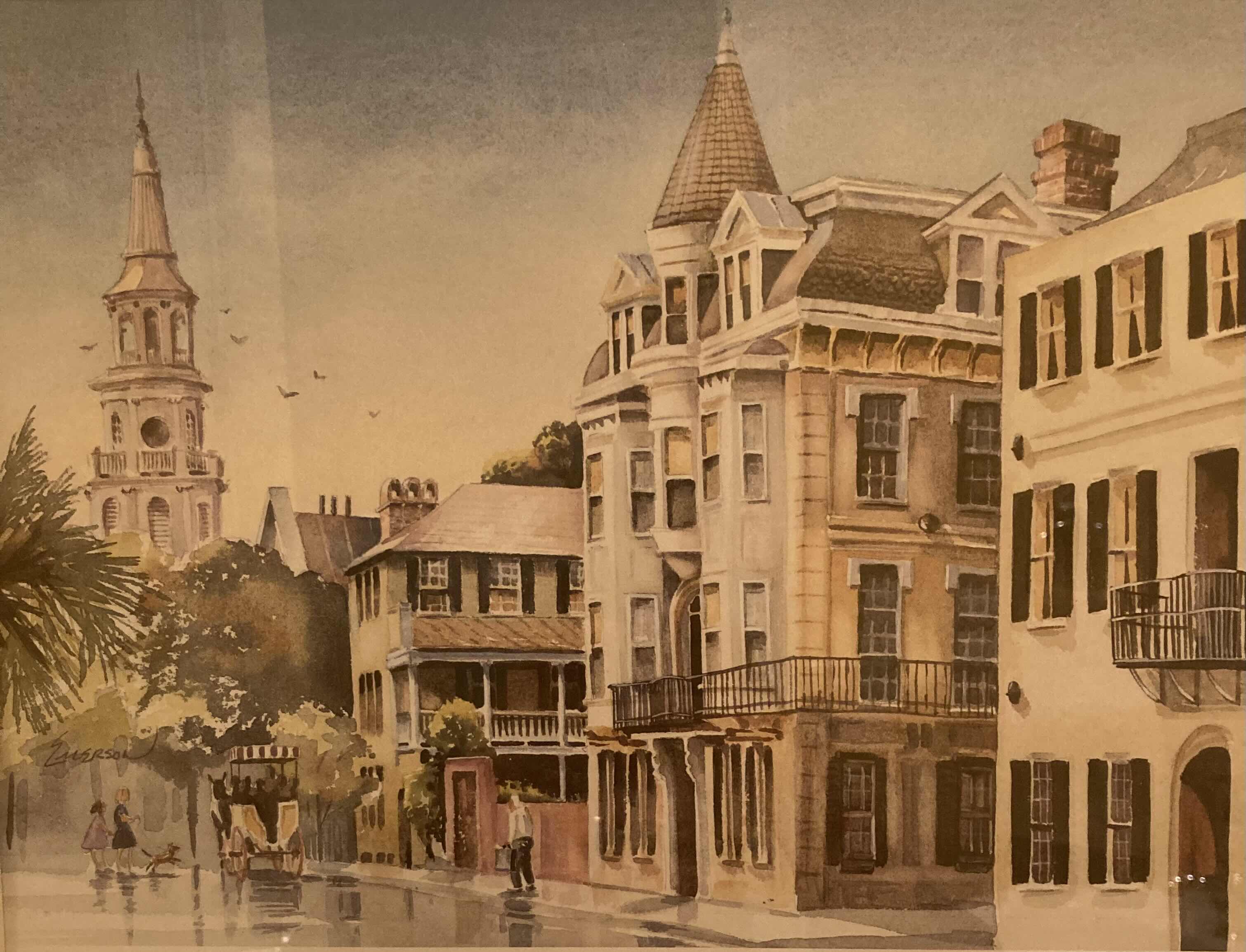 Photo 1 of “LOOKING NORTH ON MEETING STREET” WATERCOLOR PAINTING REPRINT BY EMERSON FRAMED WALL ART 21.75” X 17.75”