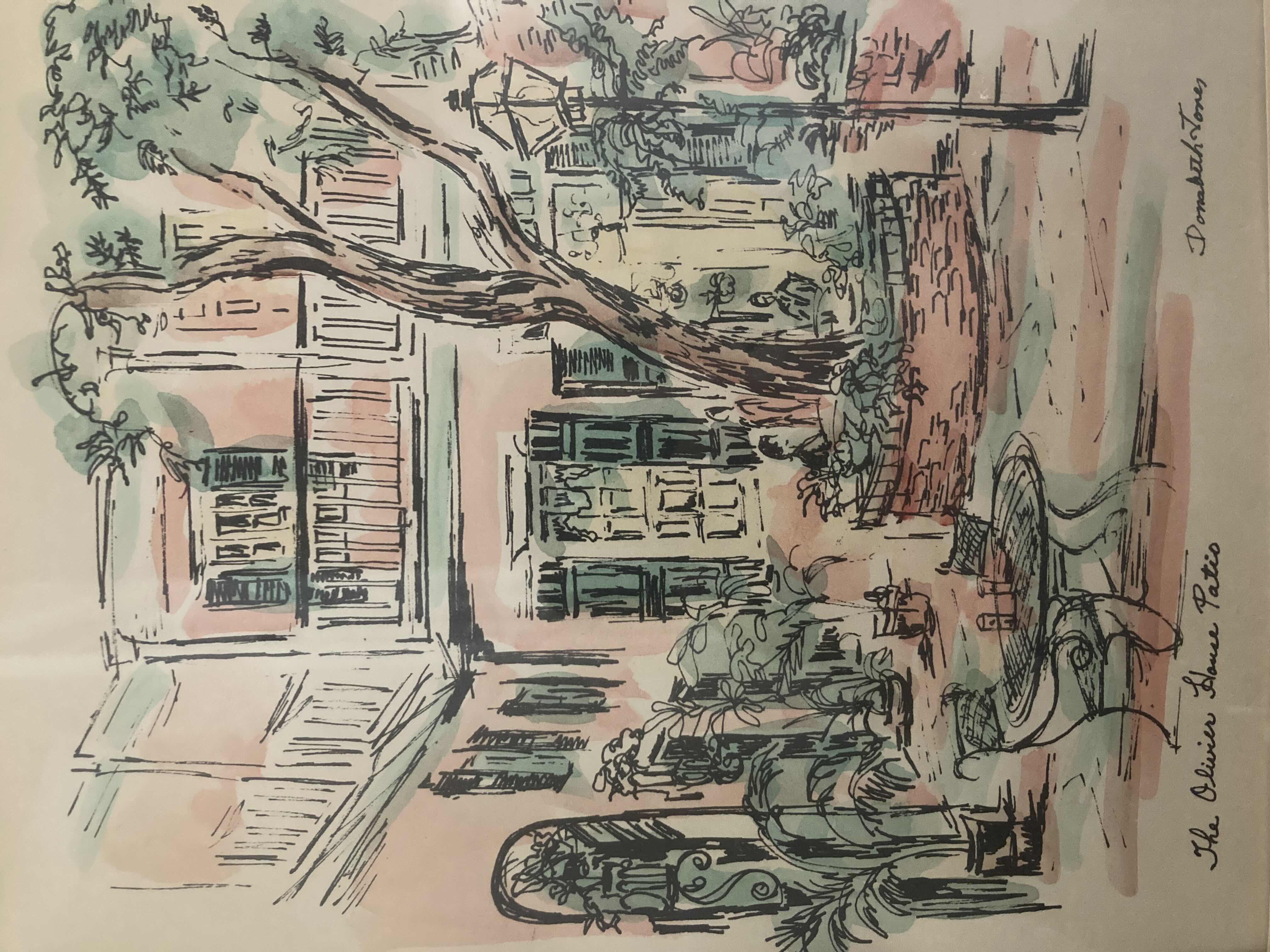 Photo 2 of “THE OLIVER HOUSE PATIO” ORIGINAL WATERCOLOR SKETCH PAINTING SIGNED BY DONABETH JONES FRAMED WALL ART 12” X 15”