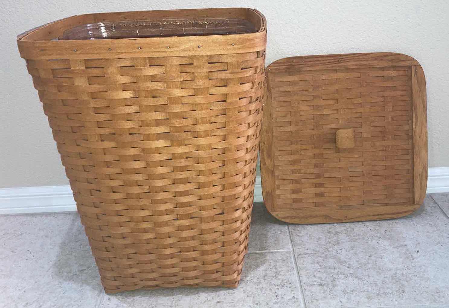 Photo 1 of LONGABERGER MAPLE WOOD LAUNDRY HAMPER W LID & BASKET PROTECTOR 17” X 17” H22.25”