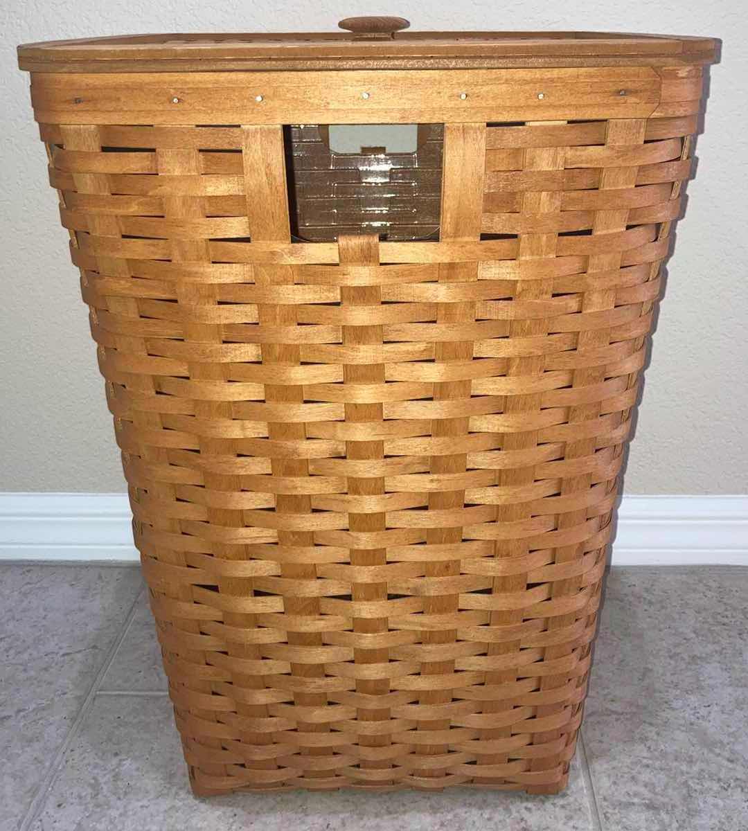 Photo 1 of LONGABERGER MAPLE WOOD LAUNDRY HAMPER W LID & BASKET PROTECTOR 17” X 17” H22.25”
