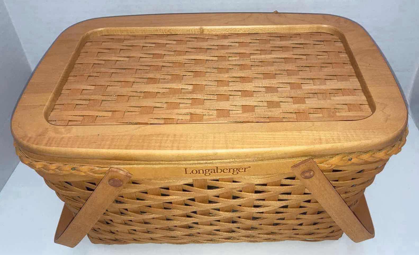 Photo 1 of LONGABERGER 2000 FOUNDERS MARKET MAPLE WOOD BASKET W LID AND BASKET PROTECTOR 14.75” X 10” H8”