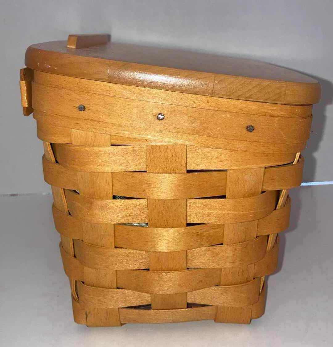 Photo 1 of LONGABERGER CLASSIC RECIPE MAPLE WOOD BASKET W LID & BASKET PROTECTOR 8.5” X 6” H6”