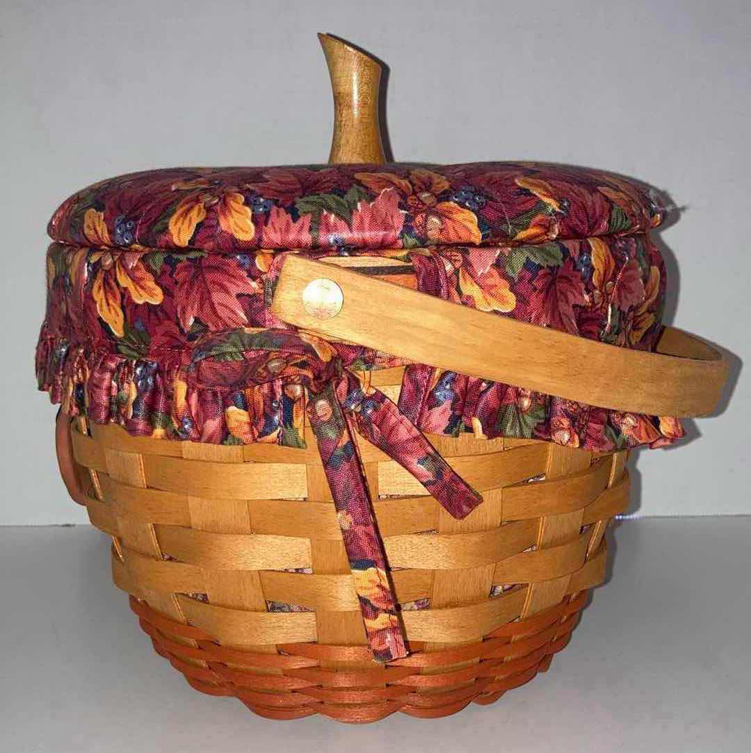 Photo 1 of LONGABERGER 1995 PUMPKIN SHAPE MAPLE WOOD BASKET W FALL FOLIAGE FABRIC LINER & BASKET PROTECTOR 9.25” X 9.25” H7.25”