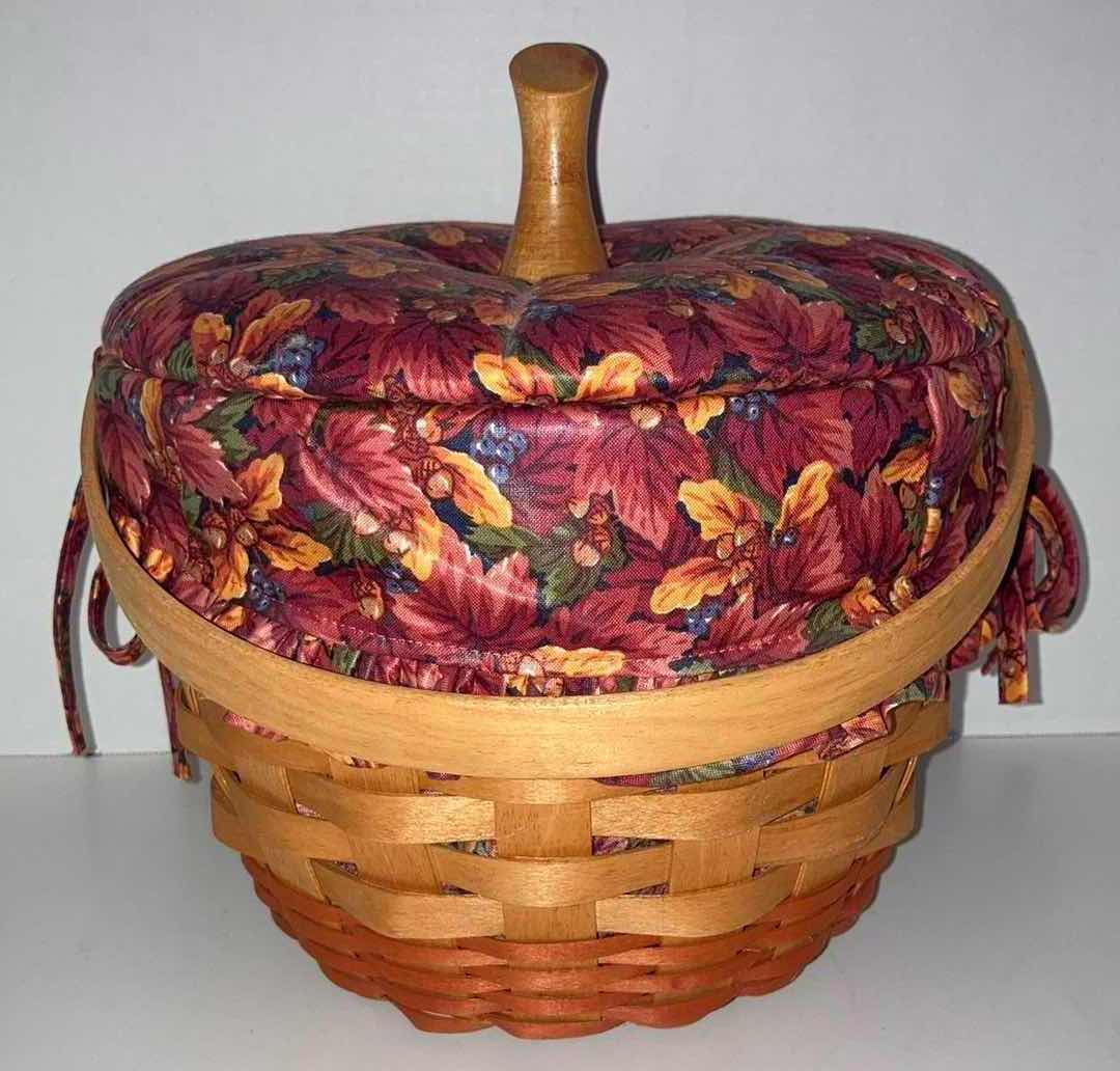 Photo 1 of LONGABERGER 1995 PUMPKIN SHAPE MAPLE WOOD BASKET W FALL FOLIAGE FABRIC LINER & BASKET PROTECTOR 9.25” X 9.25” H7.25”