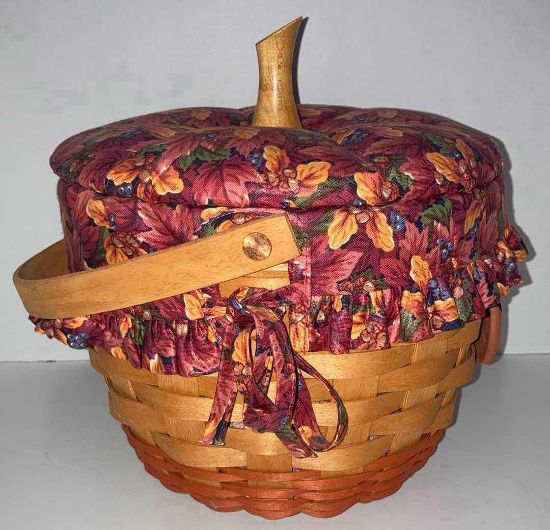 Photo 1 of LONGABERGER 1995 PUMPKIN SHAPE MAPLE WOOD BASKET W FALL FOLIAGE FABRIC LINER & BASKET PROTECTOR 9.25” X 9.25” H7.25”