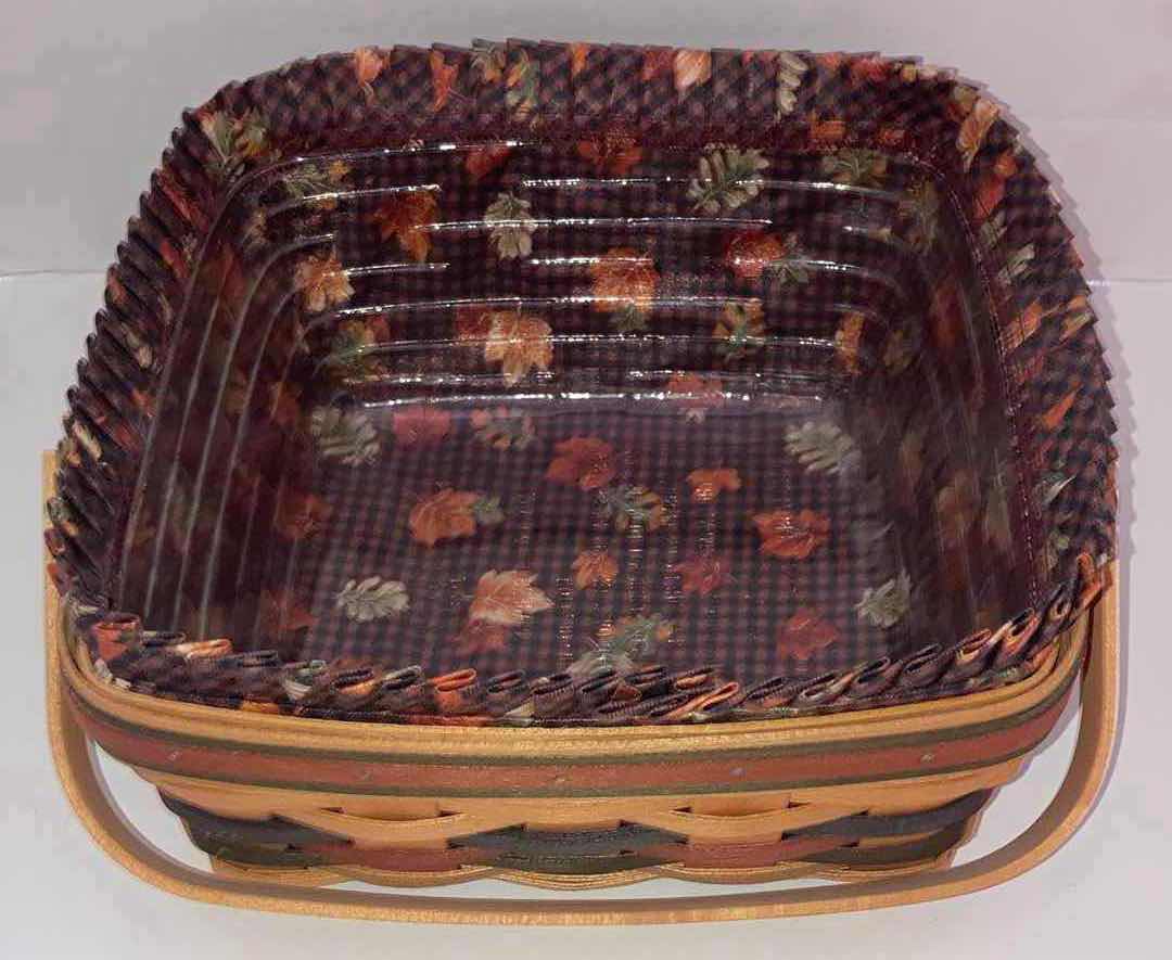 Photo 1 of LONGABERGER BOUNTIFUL HARVEST MAPLE WOOD BASKET W FALL LEAVES FABRIC & BASKET PROTECTOR 10” X 10” H5”