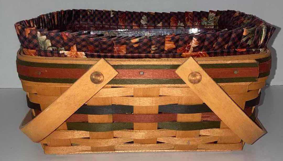 Photo 1 of LONGABERGER BOUNTIFUL HARVEST MAPLE WOOD BASKET W FALL LEAVES FABRIC & BASKET PROTECTOR 10” X 10” H5”