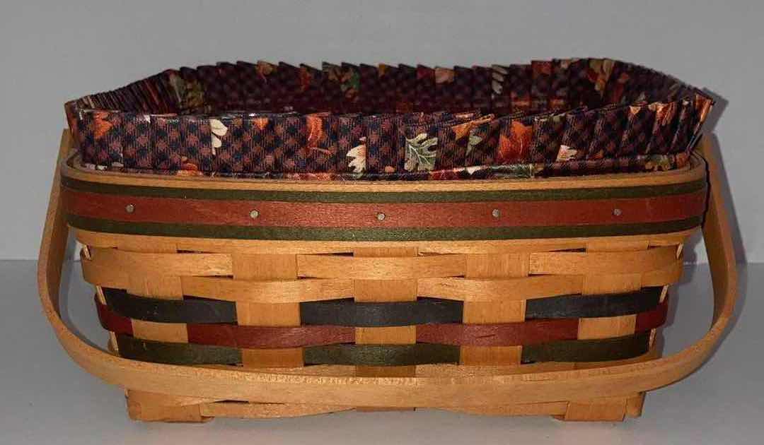 Photo 1 of LONGABERGER BOUNTIFUL HARVEST MAPLE WOOD BASKET W FALL LEAVES FABRIC & BASKET PROTECTOR 10” X 10” H5”