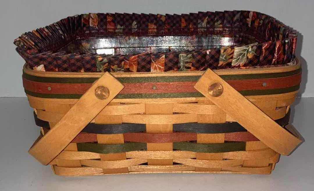 Photo 1 of LONGABERGER BOUNTIFUL HARVEST MAPLE WOOD BASKET W FALL LEAVES FABRIC & BASKET PROTECTOR 10” X 10” H5”