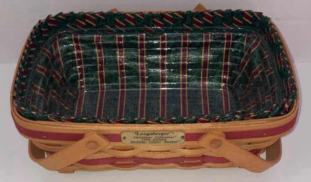 Photo 1 of LONGABERGER CHRISTMAS COLLECTION HOLIDAY CHEER MAPLE WOOD BASKET W CHRISTMAS FABRIC LINER & BASKET PROTECTOR 12” X 8.25” H4.5”