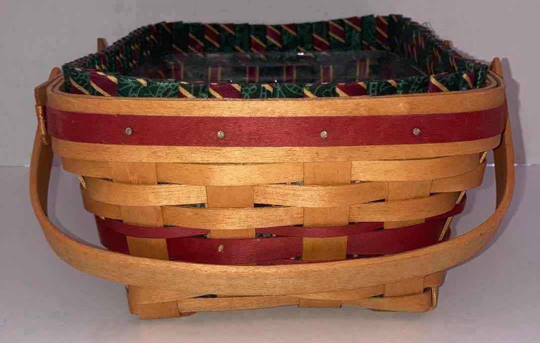 Photo 1 of LONGABERGER CHRISTMAS COLLECTION HOLIDAY CHEER MAPLE WOOD BASKET W CHRISTMAS FABRIC LINER & BASKET PROTECTOR 12” X 8.25” H4.5”