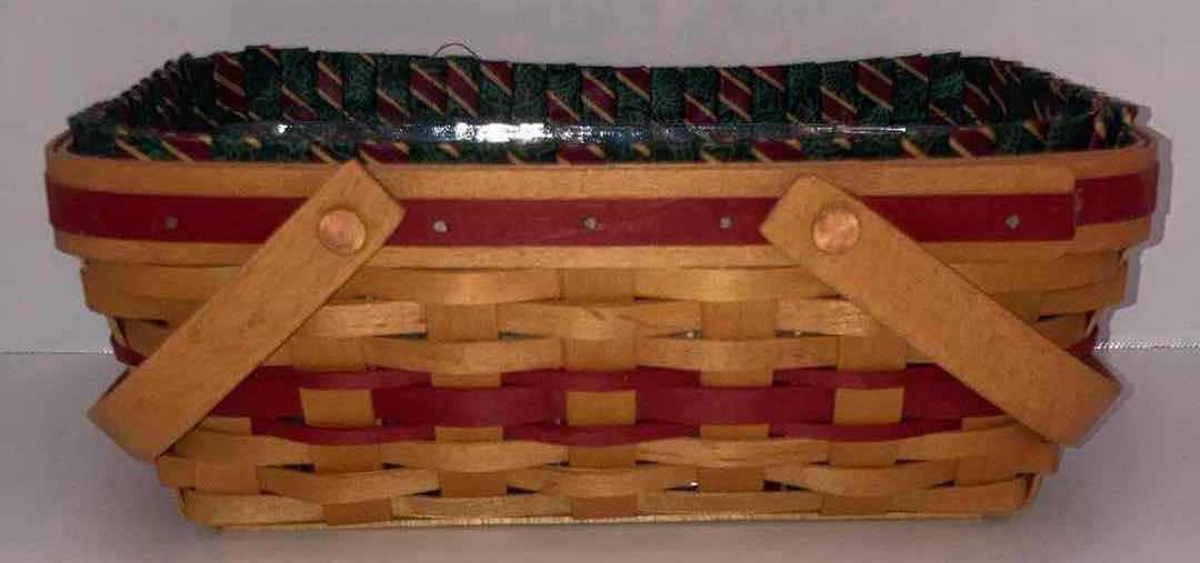Photo 1 of LONGABERGER CHRISTMAS COLLECTION HOLIDAY CHEER MAPLE WOOD BASKET W CHRISTMAS FABRIC LINER & BASKET PROTECTOR 12” X 8.25” H4.5”
