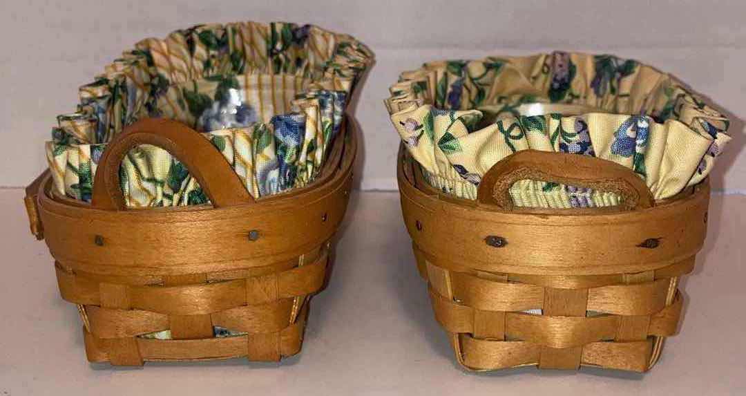 Photo 1 of LONGABERGER LAVENDER BOOKING MAPLE WOOD BASKETS W FLORAL FABRIC LINER & BASKET PROTECTOR 8” X 4.5” H3.5”