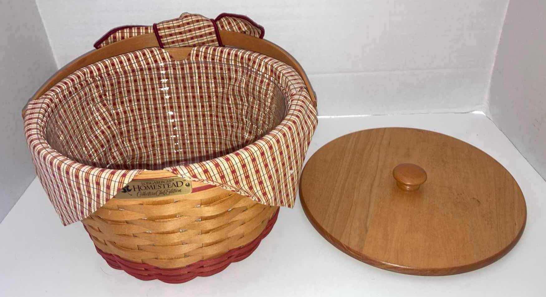 Photo 1 of LONGABERGER 1999 HOMESTEAD COLLECTORS CLUB APPLE MAPLE WOOD BASKET W AUTUMN PLAID FABRIC & BAKSET PROTECTOR 10” X 10” H7”