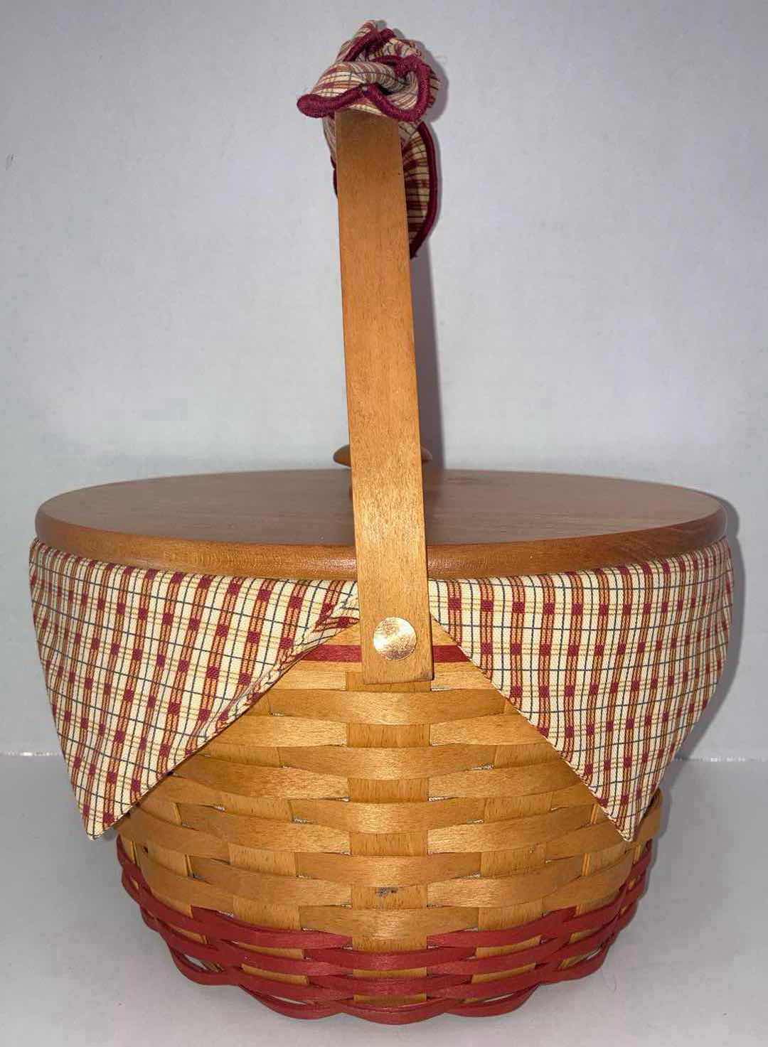 Photo 1 of LONGABERGER 1999 HOMESTEAD COLLECTORS CLUB APPLE MAPLE WOOD BASKET W AUTUMN PLAID FABRIC & BAKSET PROTECTOR 10” X 10” H7”