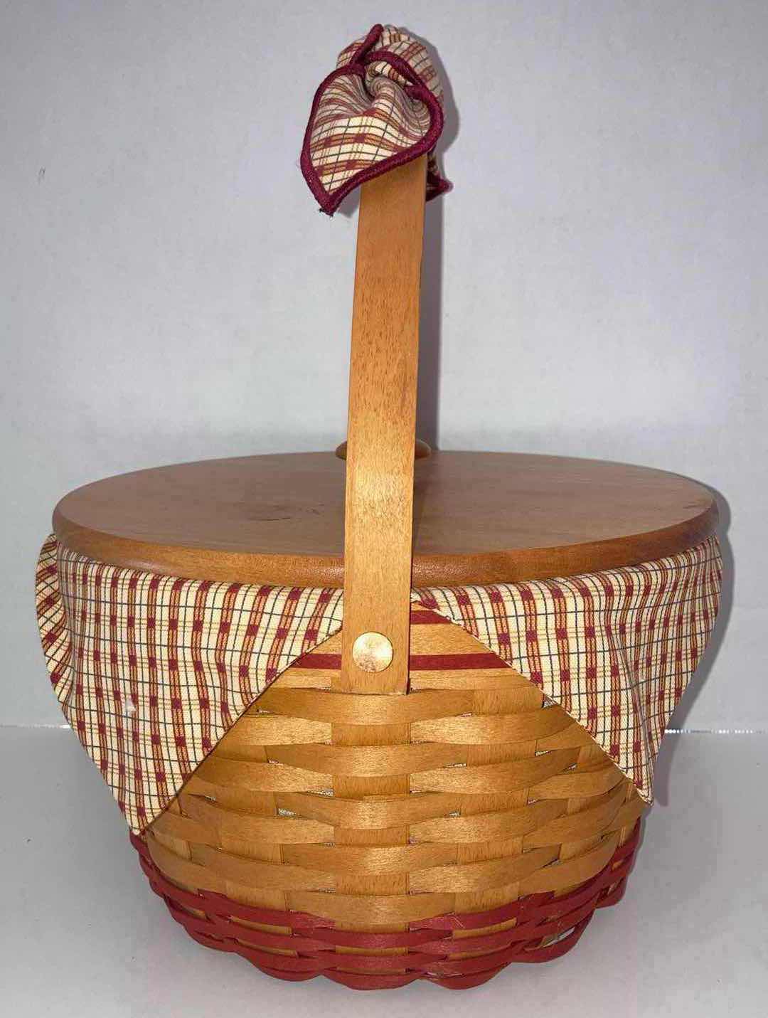 Photo 1 of LONGABERGER 1999 HOMESTEAD COLLECTORS CLUB APPLE MAPLE WOOD BASKET W AUTUMN PLAID FABRIC & BAKSET PROTECTOR 10” X 10” H7”
