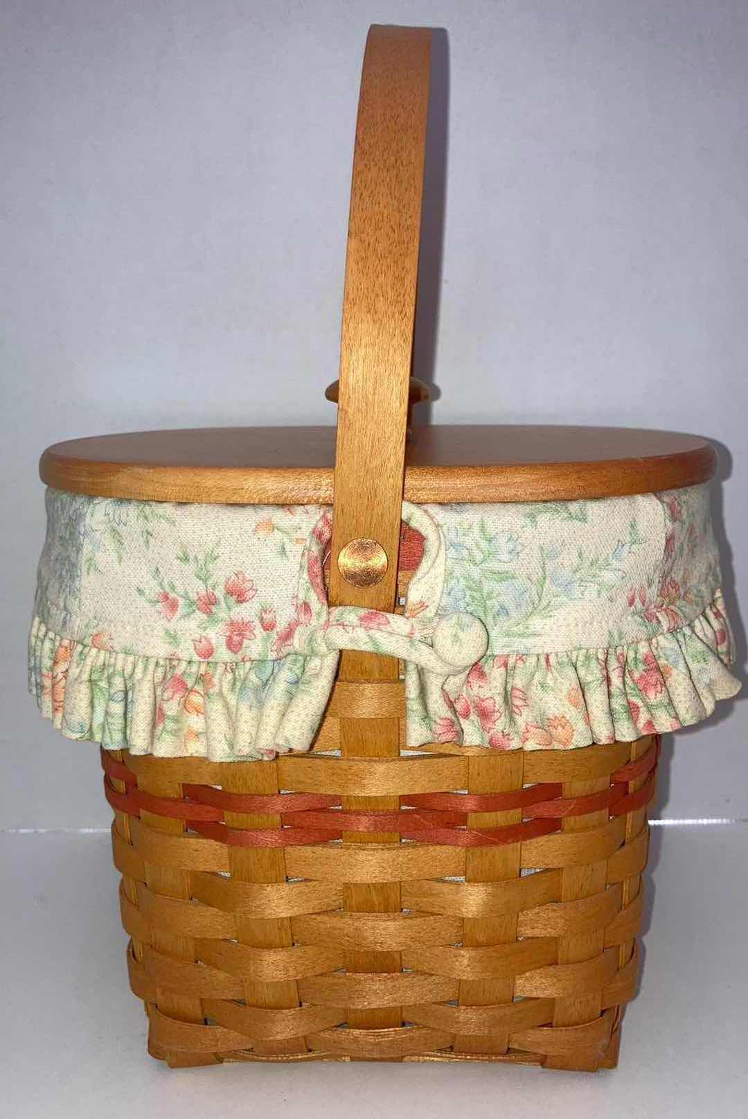 Photo 1 of LONGABERGER 2001 MOTHERS DAY MAPLE WOOD BASKET W BLOSSOM FABRIC LINER & BASKET PROTECTOR 8” X 5.75” H8”