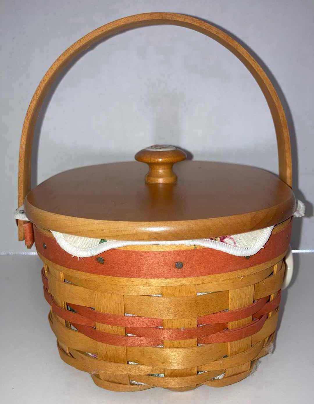 Photo 1 of LONGABERGER 1999 MOTHERS DAY TEA FOR TWO MAPLE WOOD BASKET W FLORAL FABRIC LINER & BASKET PROTECTOR 7.75” X 6” H5”