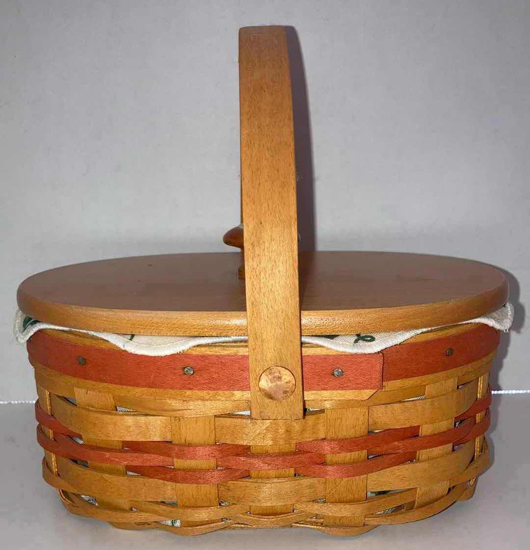 Photo 1 of LONGABERGER 1999 MOTHERS DAY TEA FOR TWO MAPLE WOOD BASKET W FLORAL FABRIC LINER & BASKET PROTECTOR 7.75” X 6” H5”