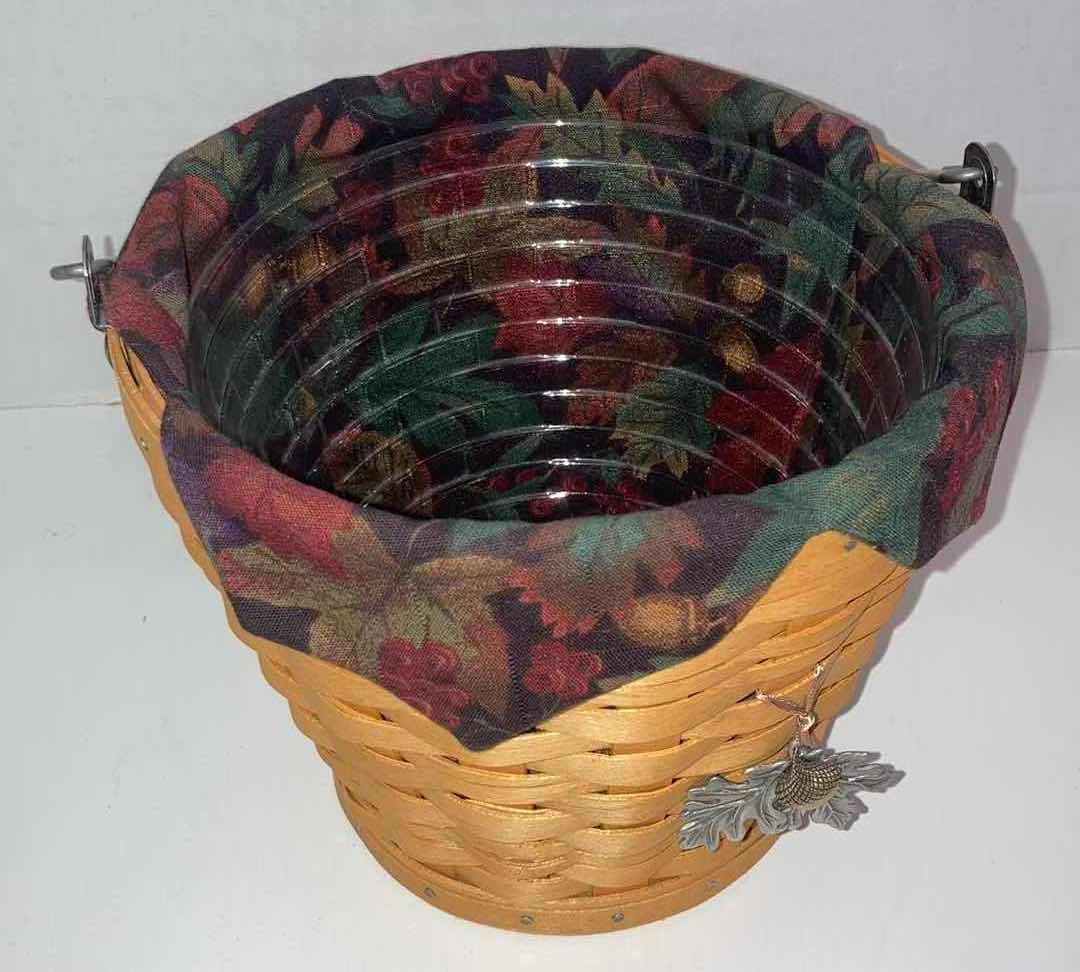 Photo 1 of LONGABERGER 2002 AUTUMN PAIL MAPLE WOOD BASKET W LEAVES/ACORN FABRIC LINER & BASKET PROTECTOR 8” X 8” H7”