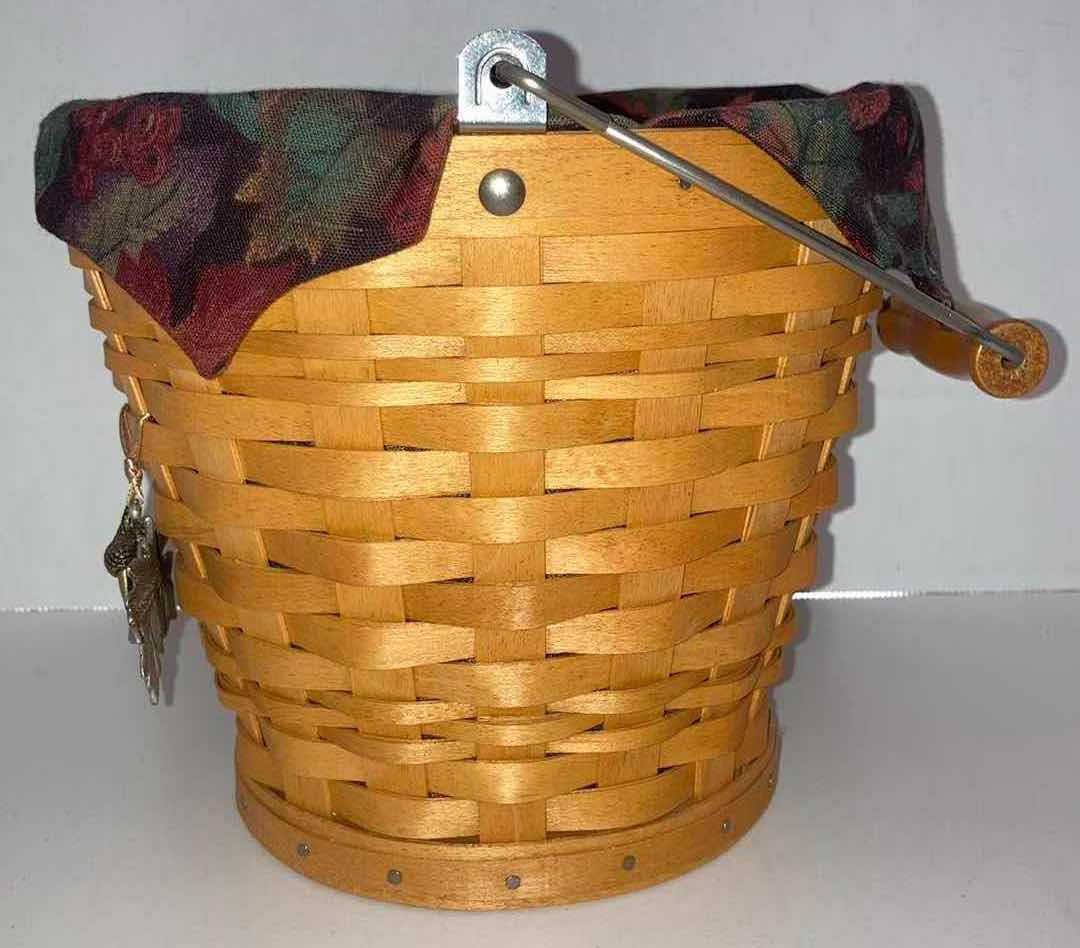 Photo 1 of LONGABERGER 2002 AUTUMN PAIL MAPLE WOOD BASKET W LEAVES/ACORN FABRIC LINER & BASKET PROTECTOR 8” X 8” H7”