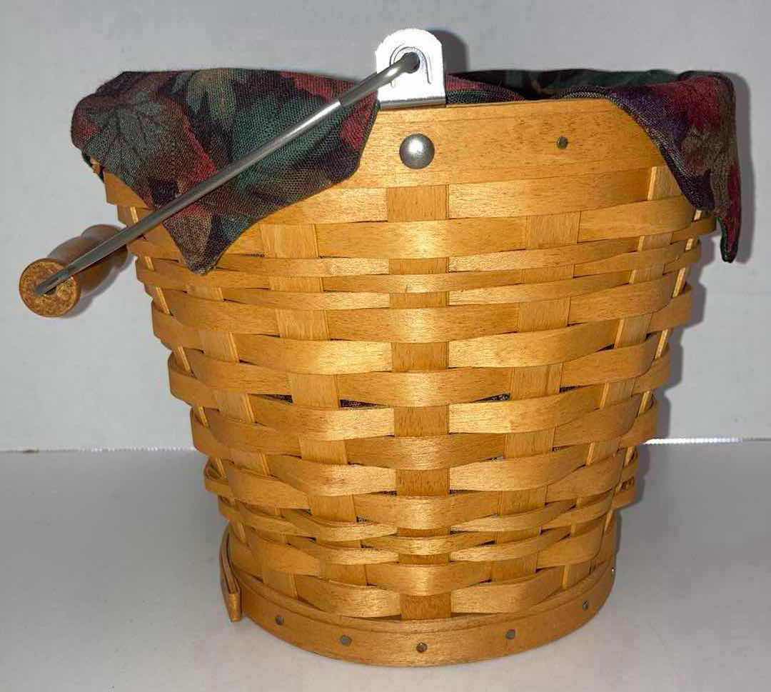 Photo 1 of LONGABERGER 2002 AUTUMN PAIL MAPLE WOOD BASKET W LEAVES/ACORN FABRIC LINER & BASKET PROTECTOR 8” X 8” H7”