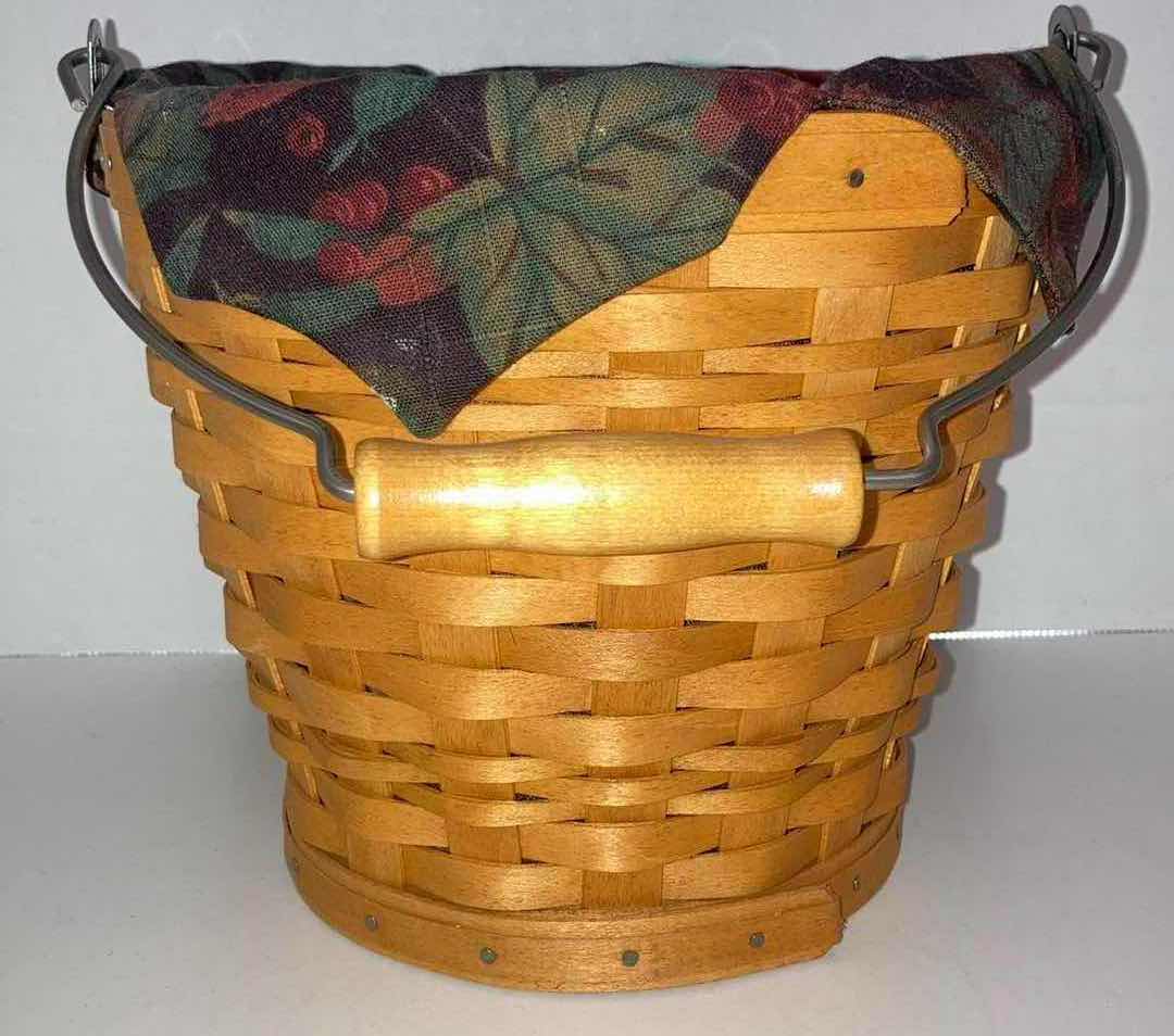 Photo 1 of LONGABERGER 2002 AUTUMN PAIL MAPLE WOOD BASKET W LEAVES/ACORN FABRIC LINER & BASKET PROTECTOR 8” X 8” H7”