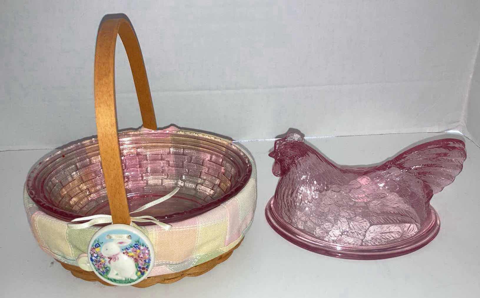 Photo 1 of LONGABERGER 2002 WHITEWASHED EASTER MAPLE WOOD BASKET W EASTER-COLOR FABRIC LINER & PINK GLASS HEN DISH 7.5” X 6.25” H6.5”